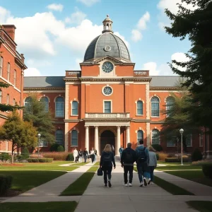 Students walking on the campus of Howard University during a leadership transition.