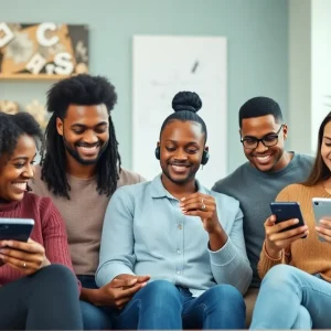 A diverse group engaging with voice recognition technology.
