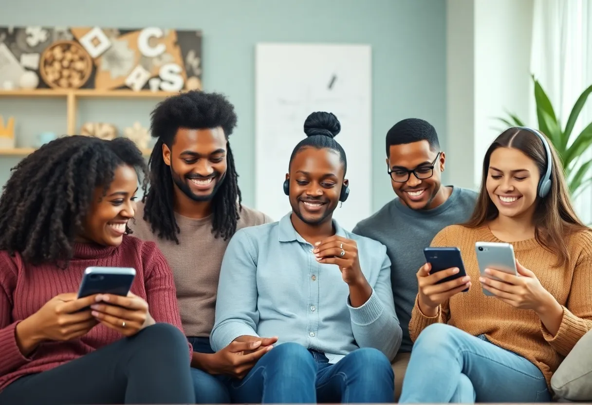A diverse group engaging with voice recognition technology.
