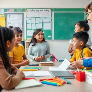 Students and teachers talking about safety protocols in a classroom