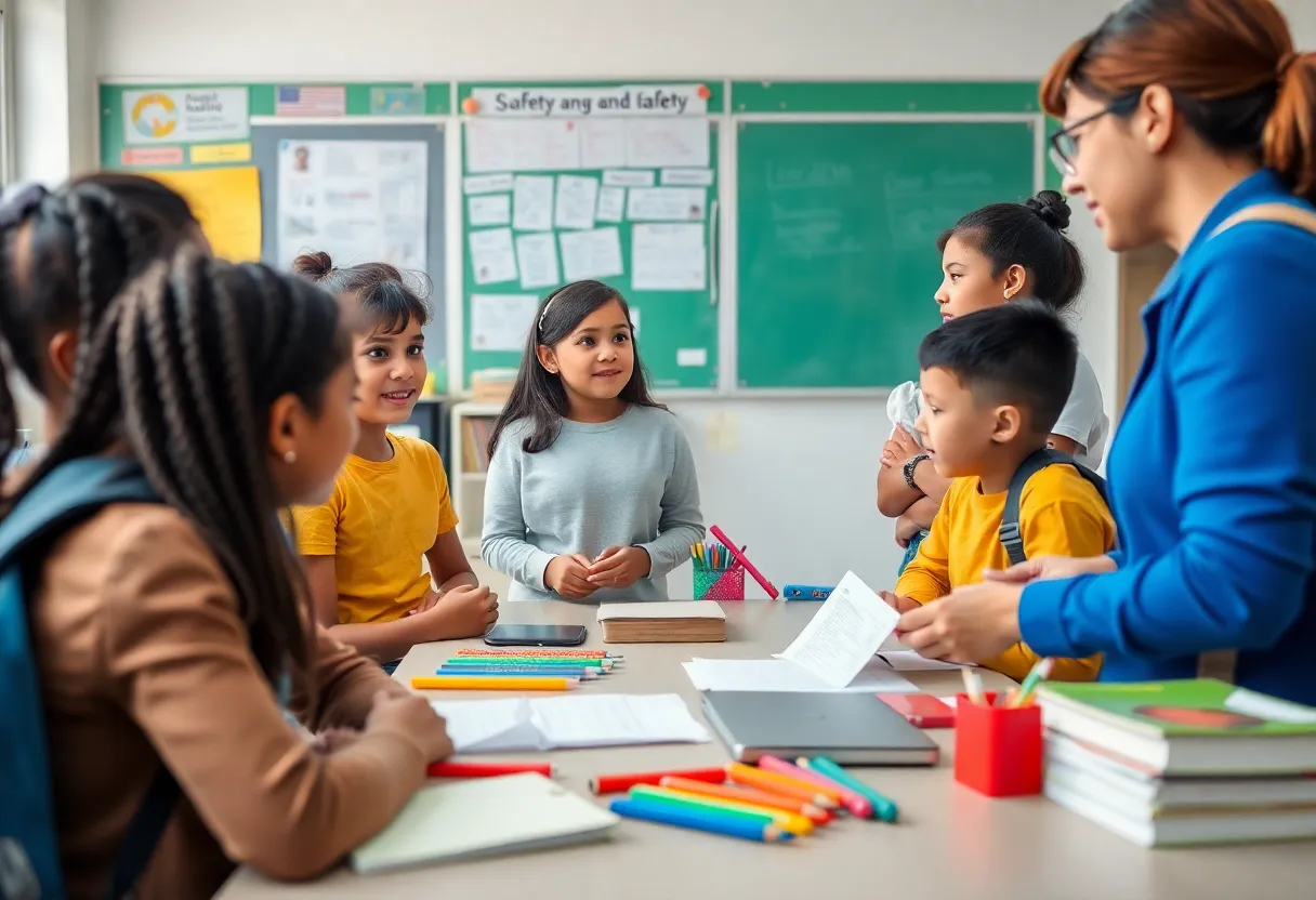 Students and teachers talking about safety protocols in a classroom