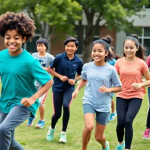 Diverse students participating in fitness exercises outdoors