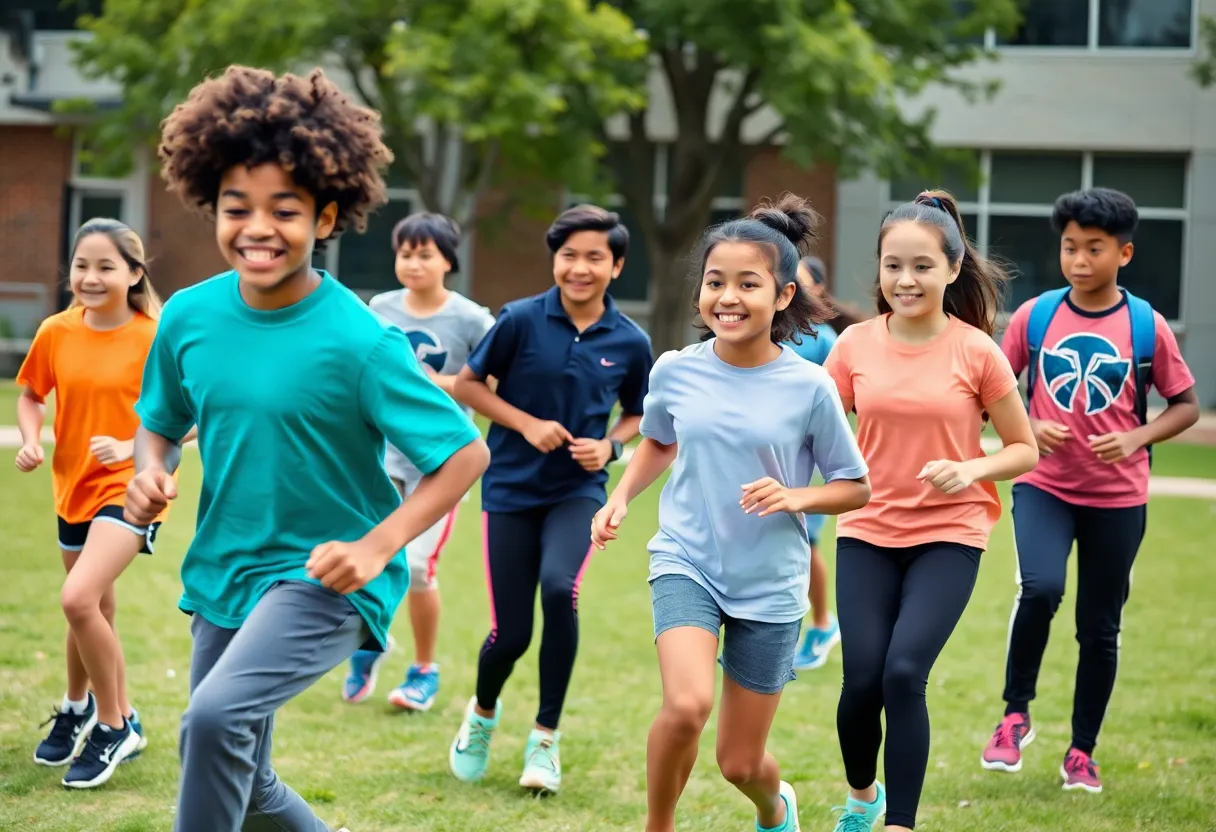 Diverse students participating in fitness exercises outdoors