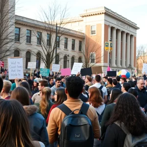 Diverse group of students participating in a peaceful protest on a university campus.