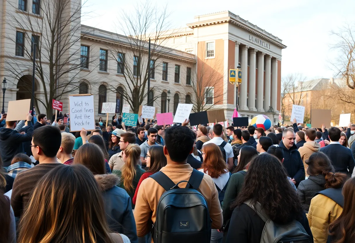 Diverse group of students participating in a peaceful protest on a university campus.