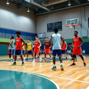 High school basketball athletes in practice.