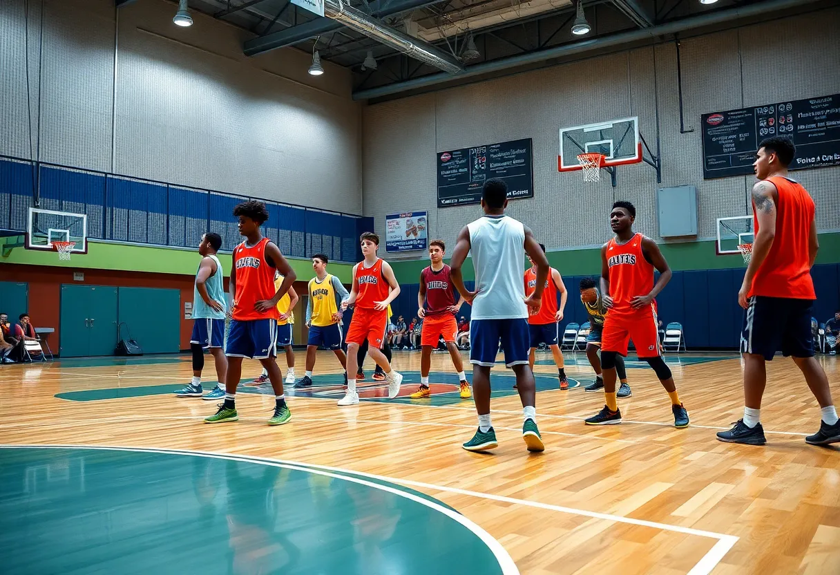 High school basketball athletes in practice.