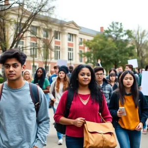 University campus scene depicting students and a protest