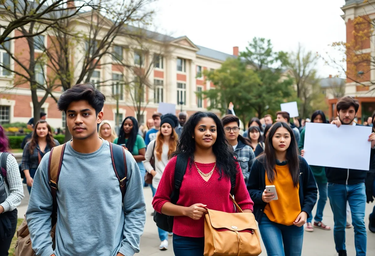 University campus scene depicting students and a protest