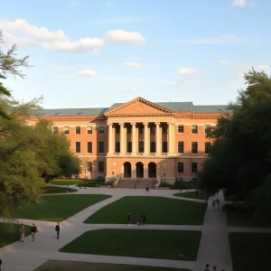 Overview of the University of Texas at Austin Law School campus with students