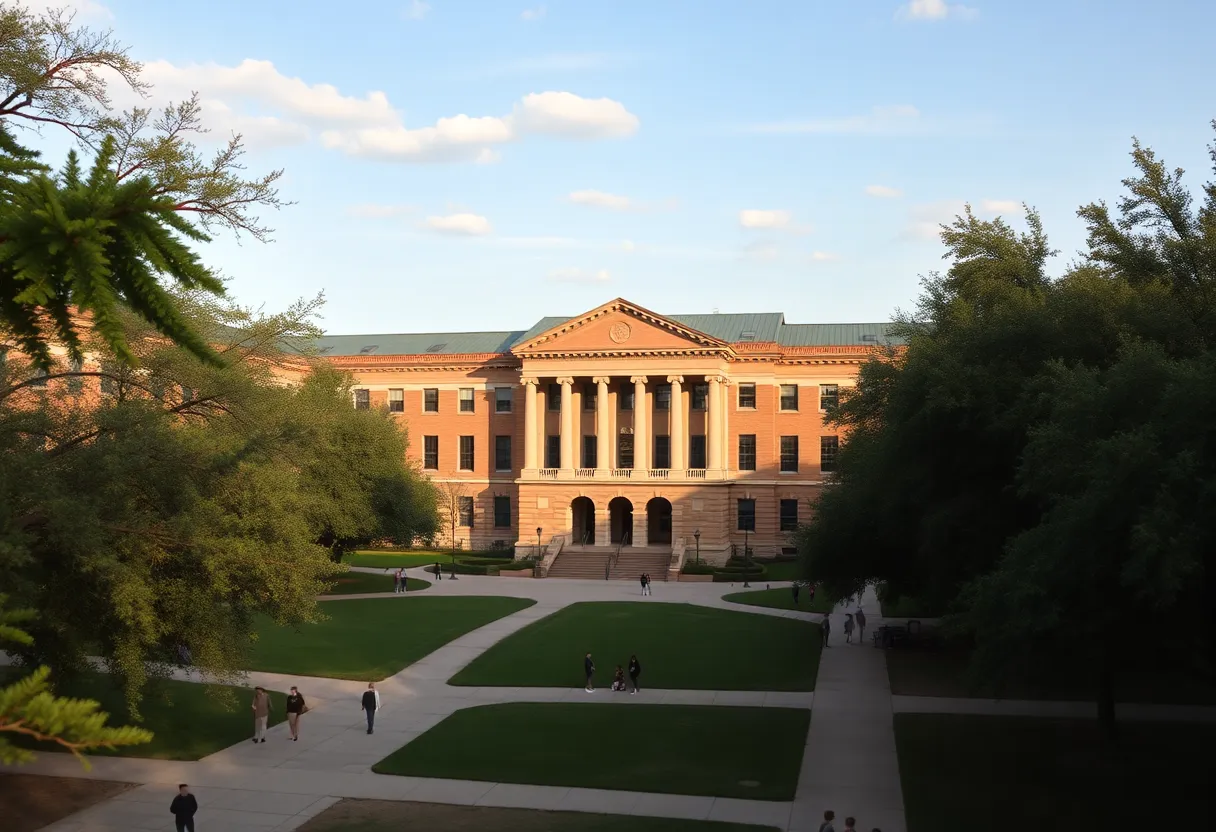 Overview of the University of Texas at Austin Law School campus with students