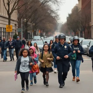 Parents and children in Washington D.C. navigating school commutes with police presence nearby.