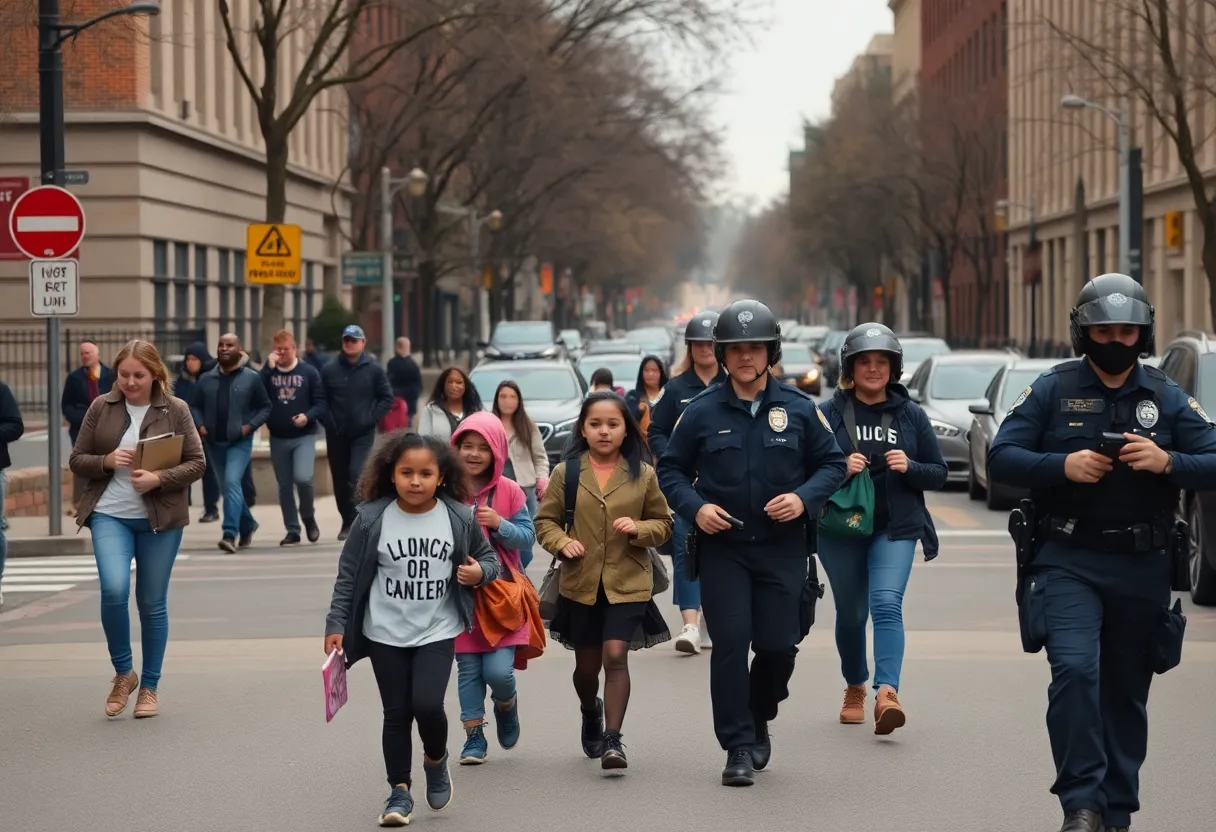 Parents and children in Washington D.C. navigating school commutes with police presence nearby.