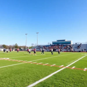High school football players practicing on a field.