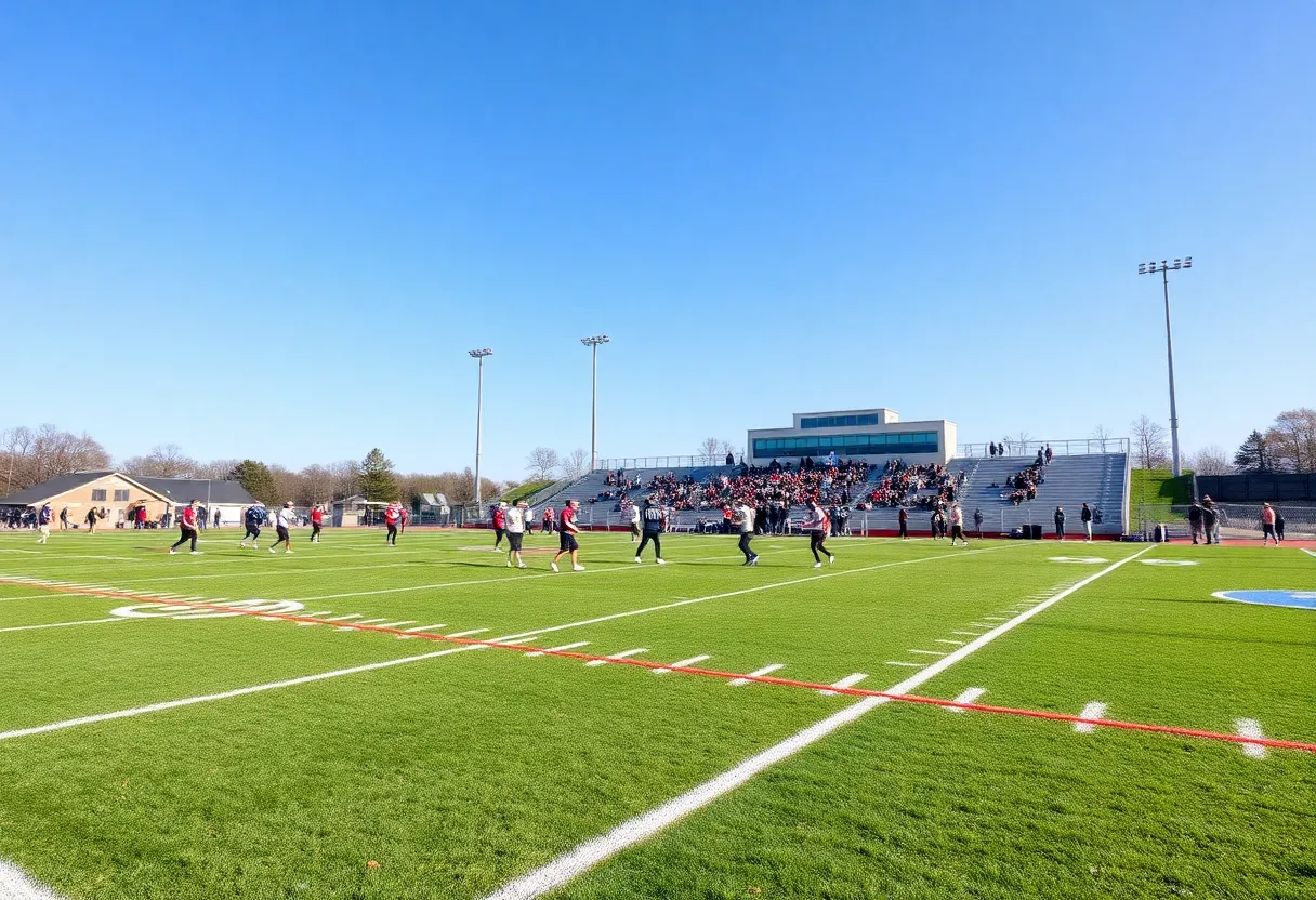High school football players practicing on a field.