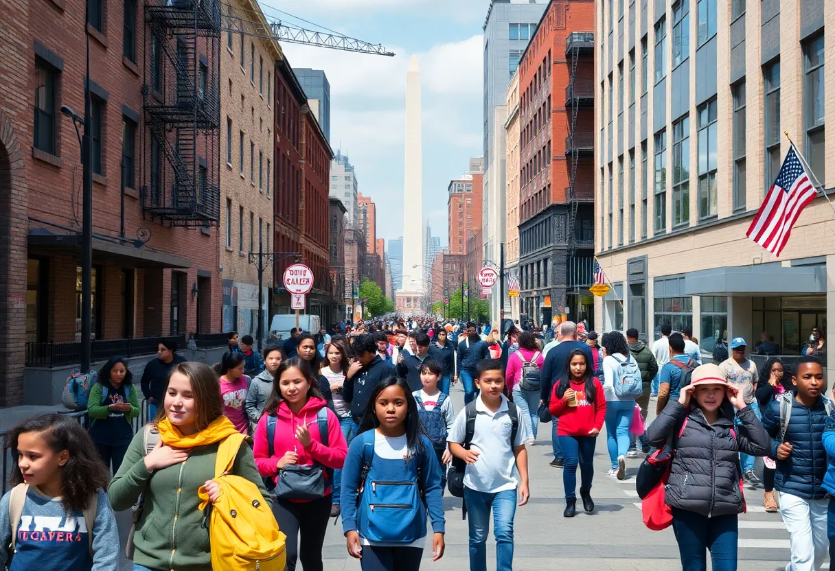 A diverse group of students in Washington D.C. in a school environment.