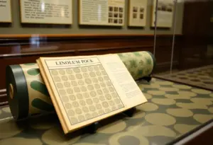Vintage linoleum pattern book displayed at a museum exhibit