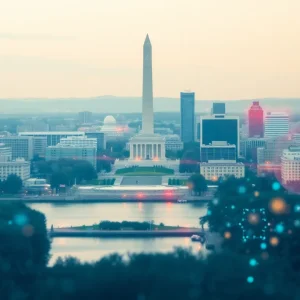 Abstract image representing AI usage in Washington D.C. skyline.