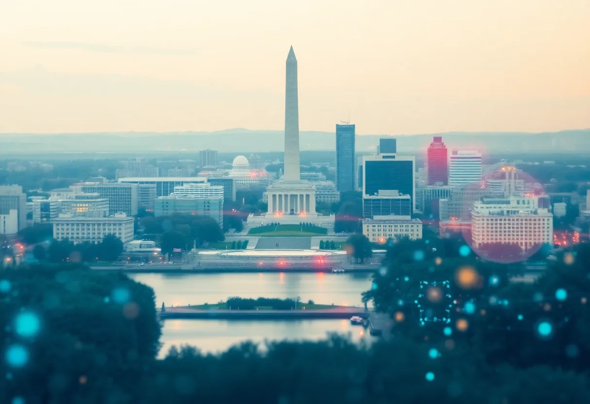 Abstract image representing AI usage in Washington D.C. skyline.