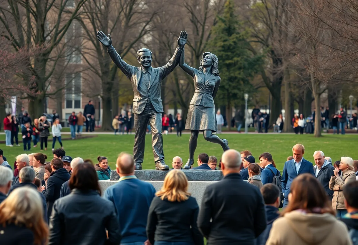 Whimsical statue depicting two figures holding hands in a park.