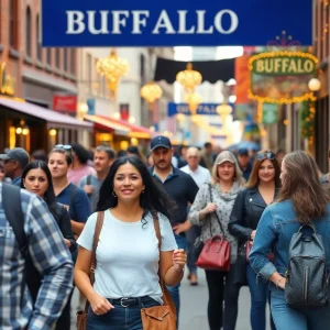 Scene of tourists in Buffalo, NY enjoying local attractions.
