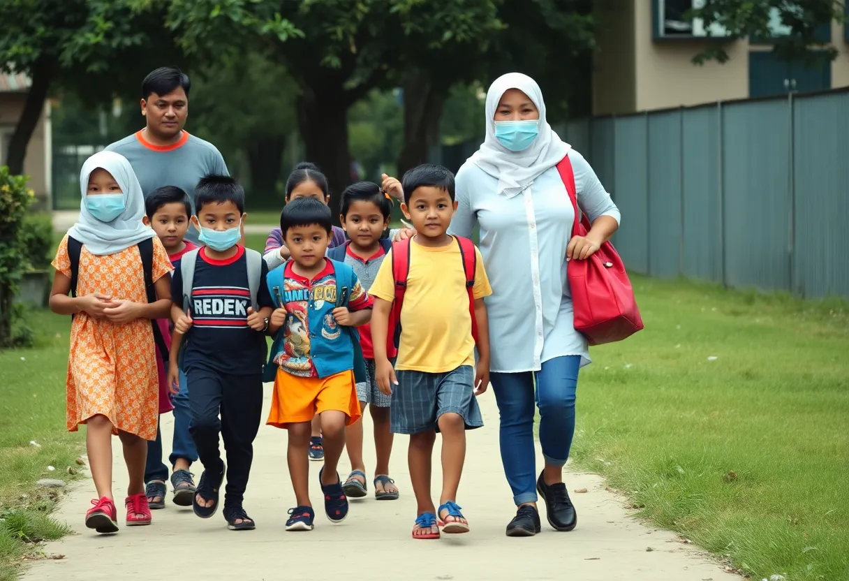 Community volunteers helping children walk to school safely