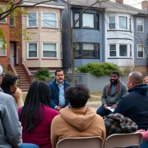 Residents discussing safety measures after a shooting incident