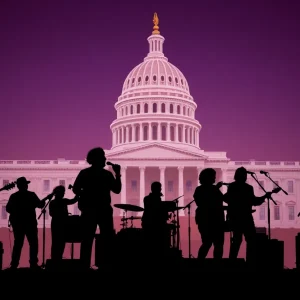 Silhouette of musicians performing with Congress in the background