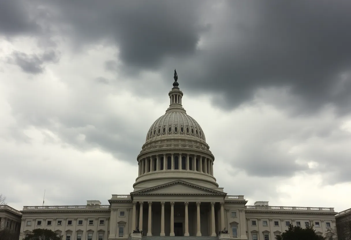 U.S. Capitol building with storm clouds overhead