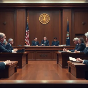 Judges deliberating in a courtroom about tariffs and trade policies