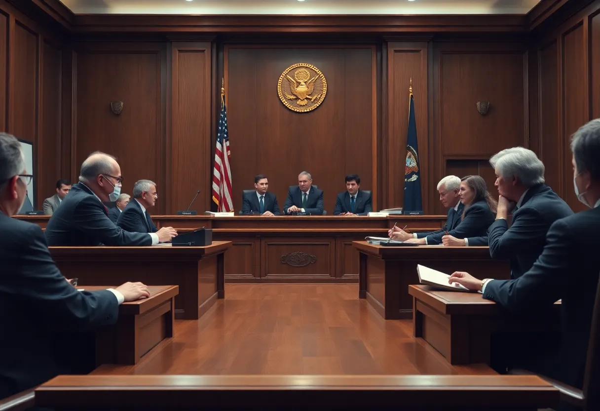 Judges deliberating in a courtroom about tariffs and trade policies