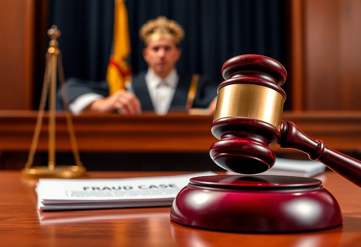 Courtroom with gavel and legal documents representing a fraud case