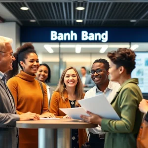Group of satisfied customers in a bank