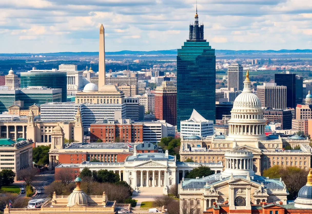 A scenic view of Washington D.C. highlighting its economic activities and urban development.