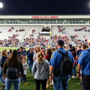 Families and fans at a D.C. high school football game with security personnel visible.