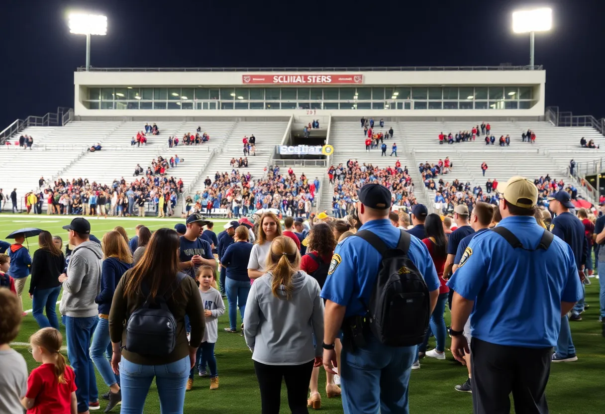 Families and fans at a D.C. high school football game with security personnel visible.