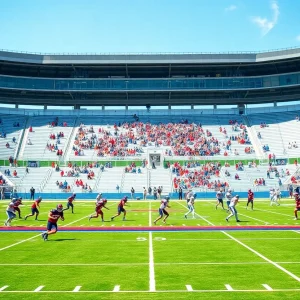 High school football players on the field during a game