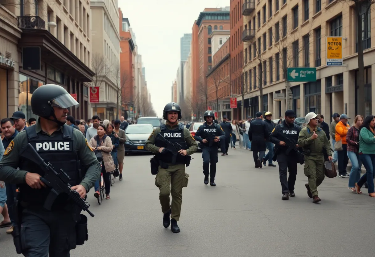 Military presence in Washington D.C. streets amidst local life.