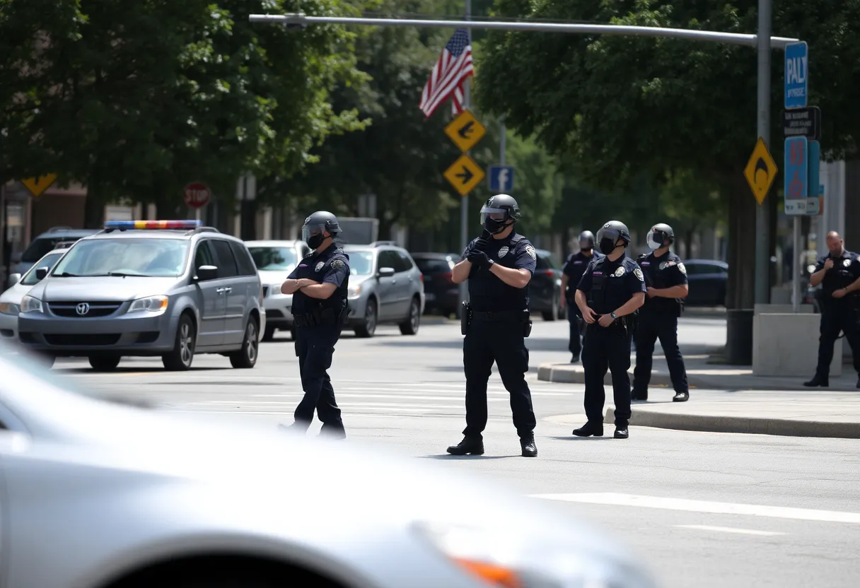 Police cars parked in Washington D.C. streets with a diverse community in view