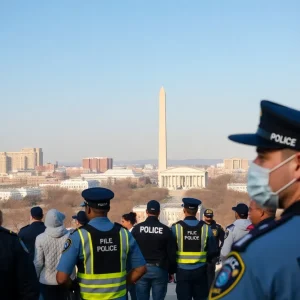 Police presence in Washington D.C. with a city skyline.