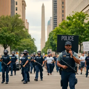 Police officers and National Guard members on a Washington D.C. street
