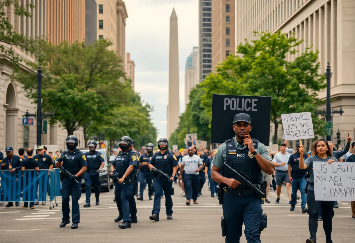 Police officers and National Guard members on a Washington D.C. street