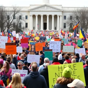 Crowd of protesters marching in Washington D.C. against federal policing