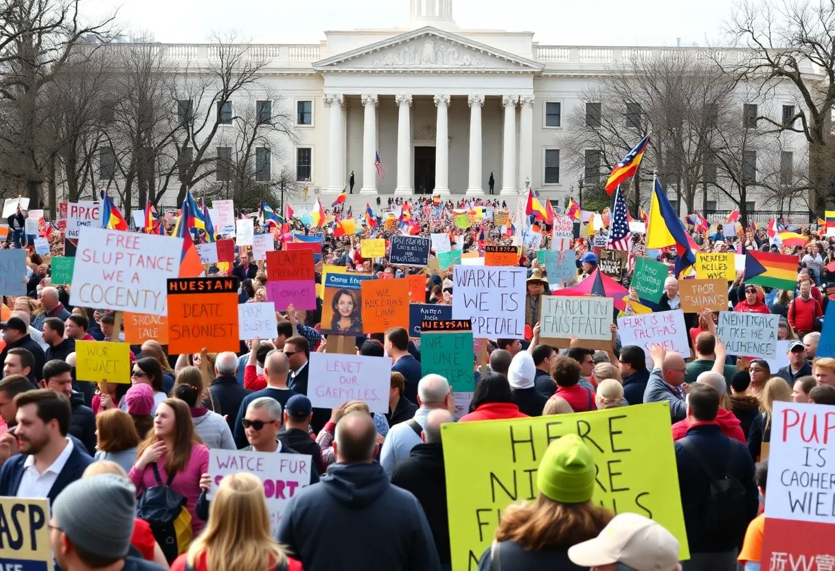 Crowd of protesters marching in Washington D.C. against federal policing