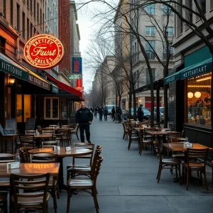 A deserted restaurant street in Washington D.C. with police presence.