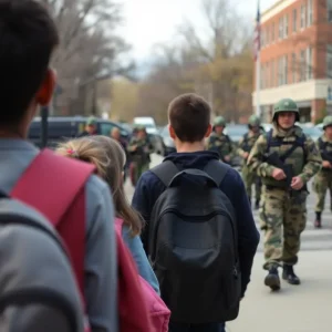 Students walking to school in Washington, D.C. with National Guard presence