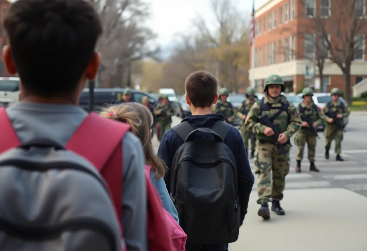 Students walking to school in Washington, D.C. with National Guard presence