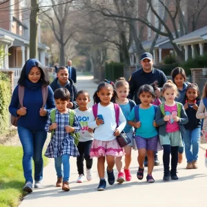 Students walking to school with parents in a secure environment