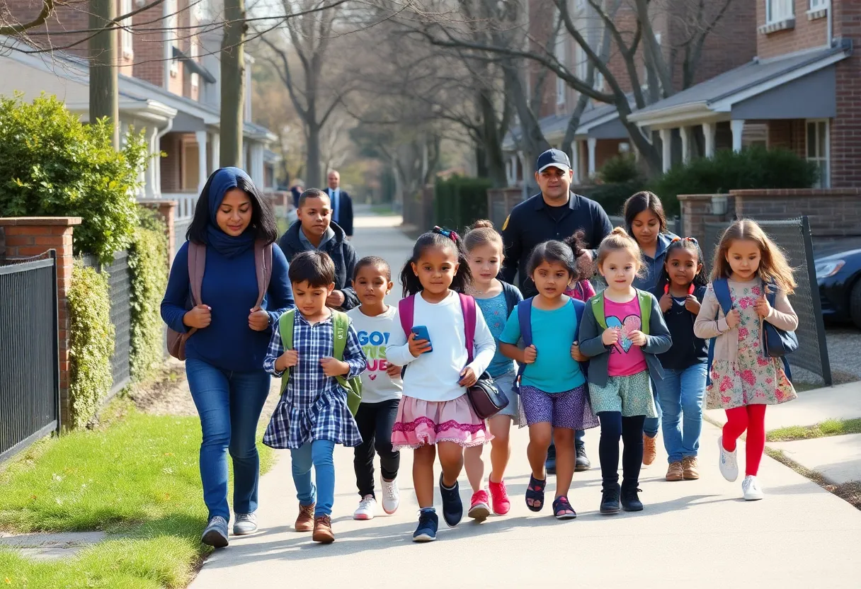 Students walking to school with parents in a secure environment