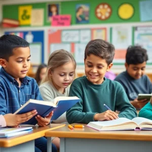 Students in a classroom actively participating in reading and math activities in D.C. schools.